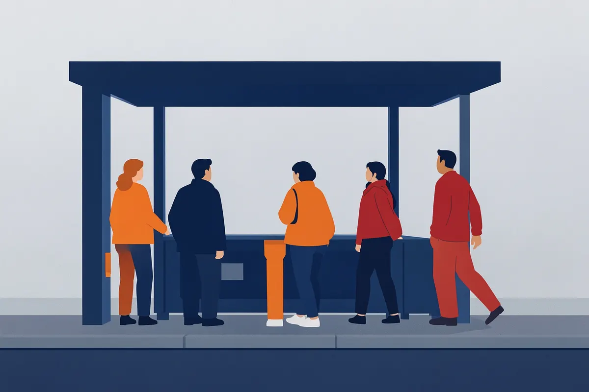 Um anúncio em um ponto de ônibus com pessoas esperando.