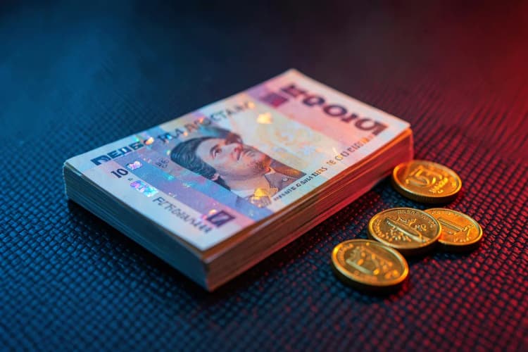 Close-up de notas de dinheiro empilhadas e moedas em um fundo escuro