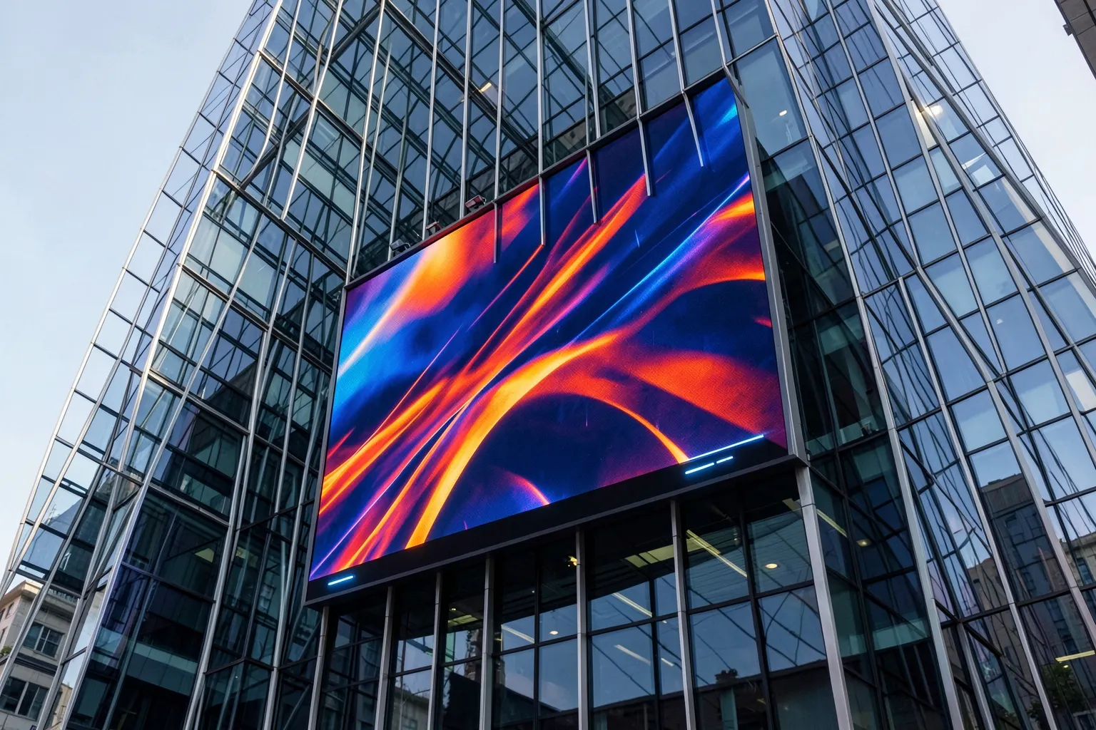 Painel de LED digital em um prédio moderno com tráfego de carros na rua abaixo