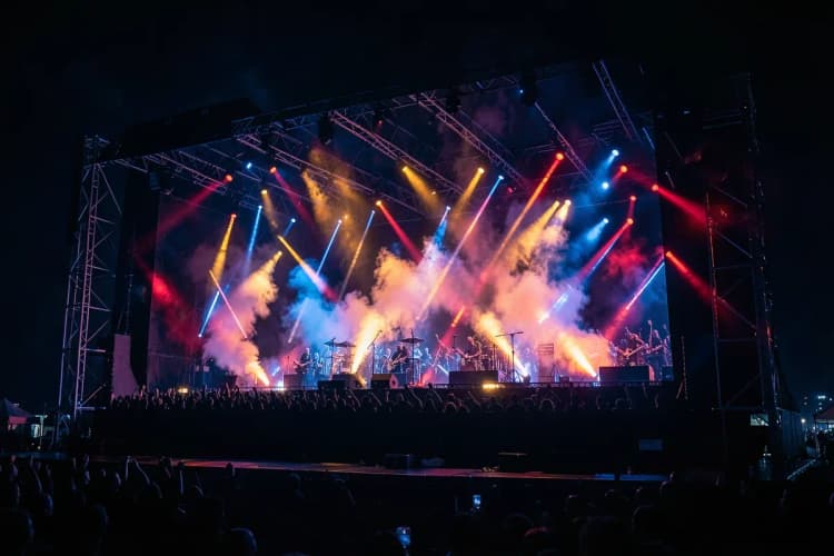 Painel de LED outdoor em um show com luzes vibrantes e fumaça