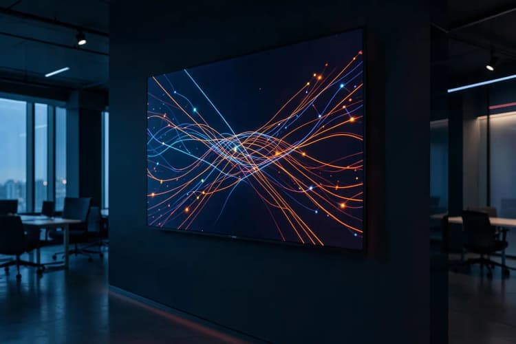 Painel de LED exibindo gráficos de dados em um ambiente de negócios moderno