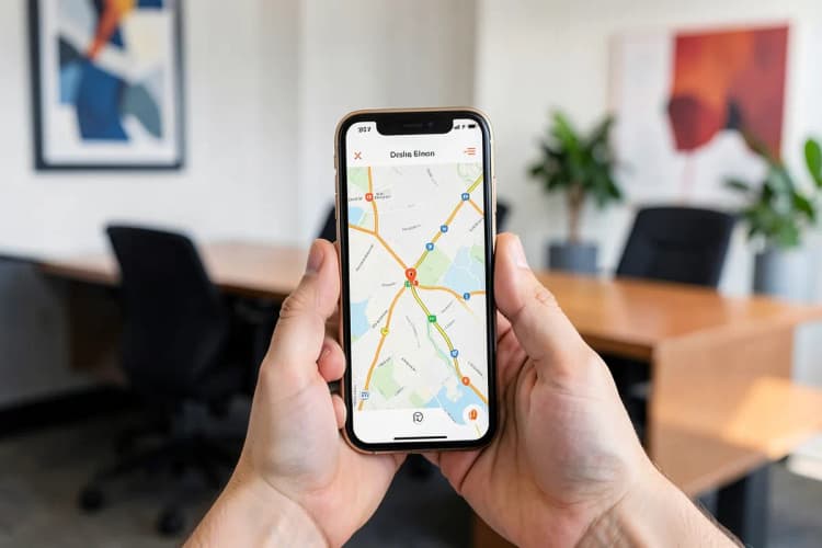 Mão segurando um celular exibindo um mapa com rotas, em um ambiente urbano.