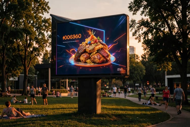 Um outdoor de comida em uma área de lazer com pessoas ao fundo