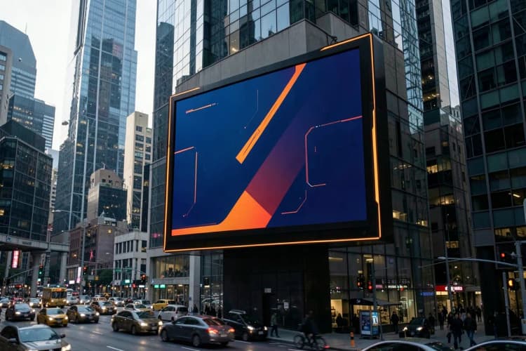 Um outdoor digital exibindo um anúncio vibrante em um ambiente urbano movimentado.