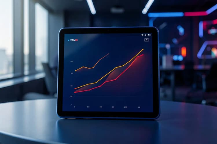 Gráficos de desempenho de campanha OOH exibidos em um tablet em um ambiente de escritório.