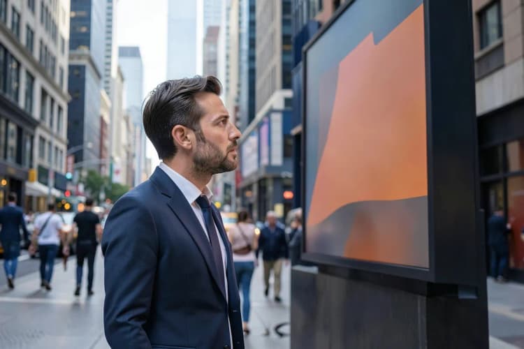 Homem de negócios analisando um outdoor em um ambiente urbano movimentado