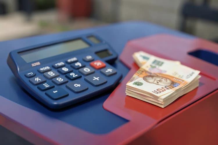 Close-up de uma calculadora e notas de dinheiro sobre uma tabela de preços de mídia outdoor