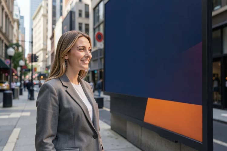 Mulher sorrindo enquanto olha para um outdoor em uma rua da cidade