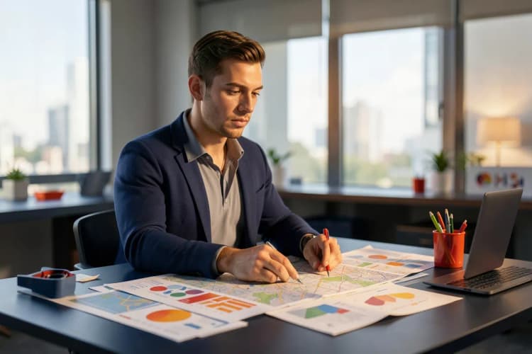 Pessoa planejando uma campanha de mídia outdoor em um escritório com mapas e gráficos