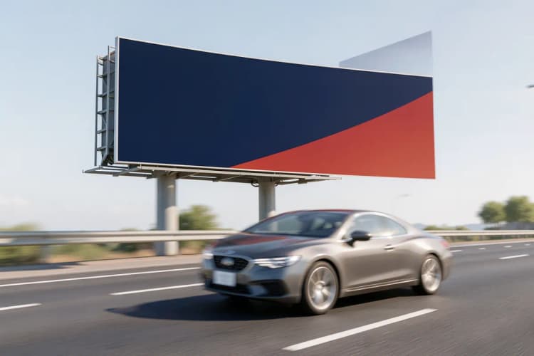 Outdoor em uma rodovia com um carro passando, indicando um período de 15 dias