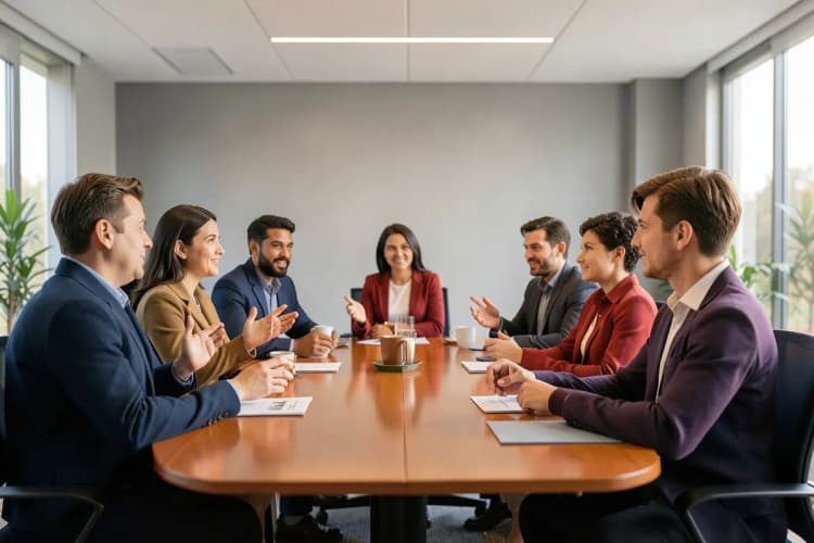 Pessoas reunidas em uma sala de reunião discutindo um plano de campanha de outdoor