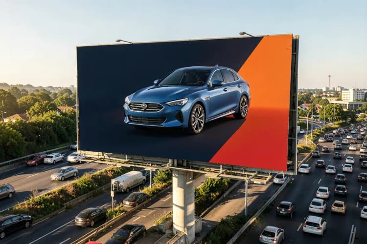 Um outdoor estático de grande formato exibindo um anúncio de carro em uma rodovia movimentada.