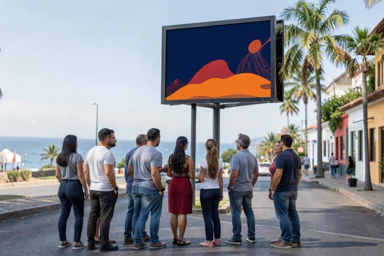 Um grupo de pessoas olhando um outdoor em um poste na rua de Armação de Búzios