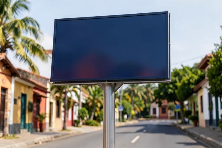 Um close-up de um outdoor em branco em um poste na rua de Armação de Búzios