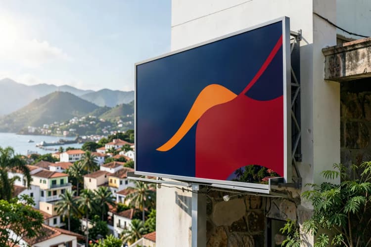 Um outdoor em uma parede de um prédio em Armação de Búzios com um anúncio de loja