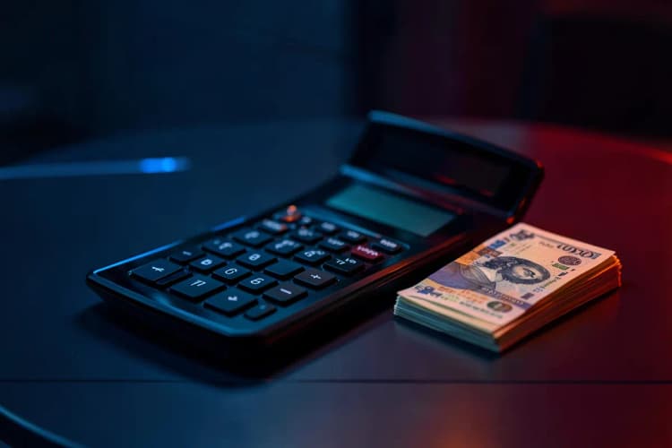 Calculadora e notas de dinheiro sobre uma mesa, simbolizando o cálculo de custos