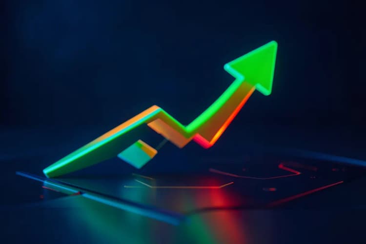 Gráfico de ROI subindo com uma seta verde, representando o otimismo financeiro