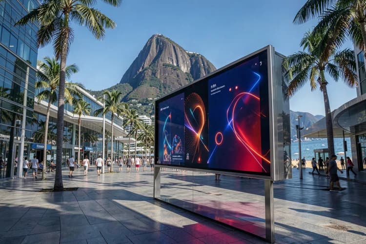 Painel de LED em um calçadão movimentado do Rio de Janeiro, com o Pão de Açúcar ao fundo.