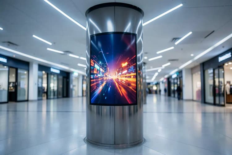 Tela de LED exibindo um anúncio dinâmico em um centro comercial, Recreio dos Bandeirantes.
