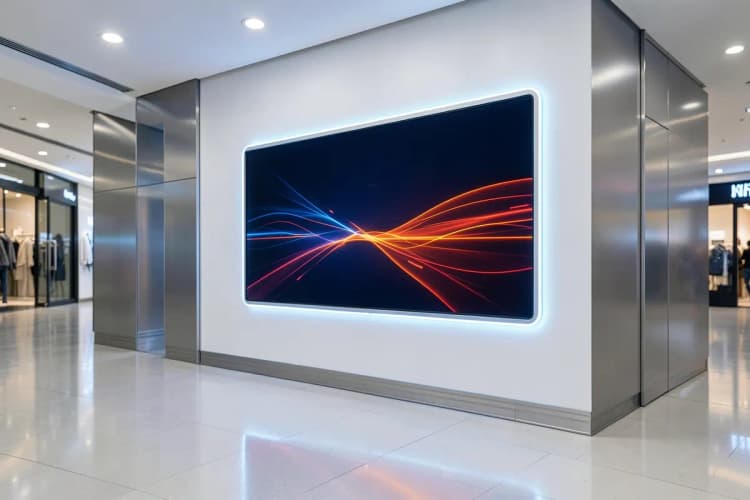 Um painel digital em um shopping center exibindo um vídeo promocional, Recreio dos Bandeirantes.