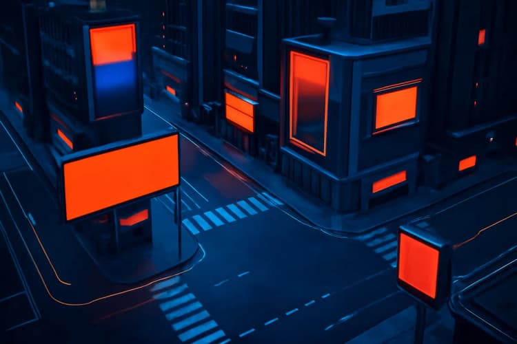 Vista aérea de cruzamento urbano com diversos tipos de mídia OOH, incluindo outdoors estáticos e painéis digitais.