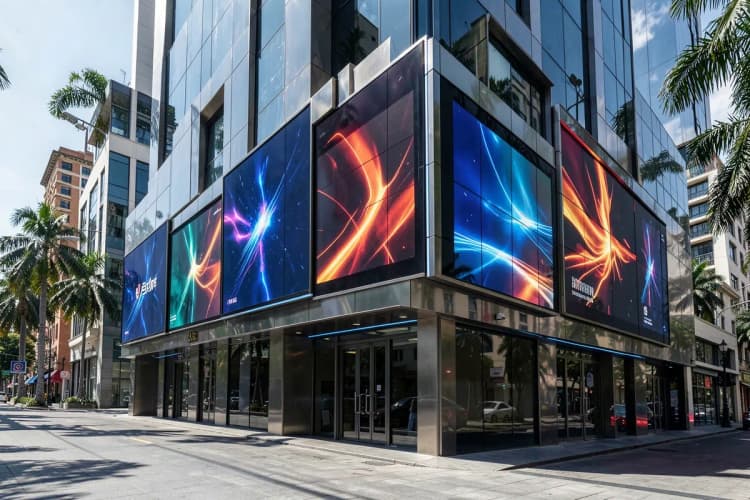 Fachada de prédio comercial com múltiplos outdoors e painéis digitais em um bairro nobre do Rio de Janeiro.