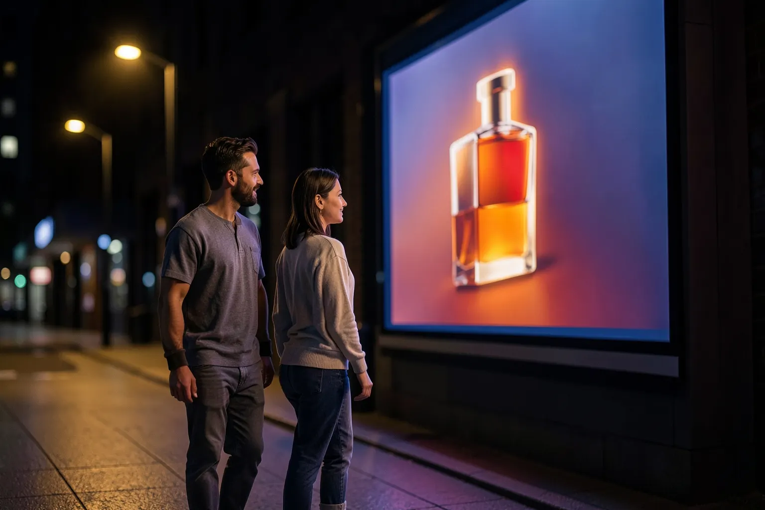 Pessoas olhando um outdoor luminoso com um anúncio de perfume, à noite.