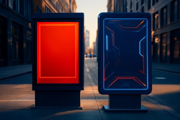 Comparação visual entre mídia OOH tradicional e DOOH digital em um contexto urbano
