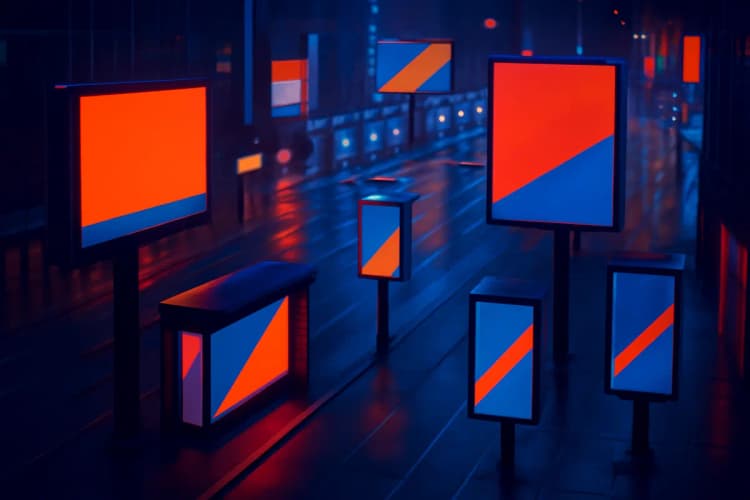 Variedade de formatos de mídia OOH e DOOH em um ambiente urbano movimentado