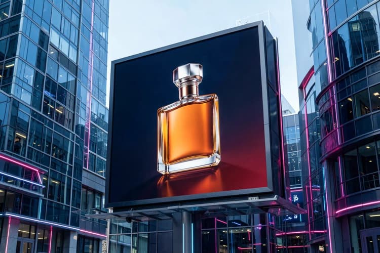 Um outdoor estático tradicional com um anúncio colorido de um perfume de luxo, com uma garrafa em destaque, em uma paisagem urbana com prédios ao fundo.