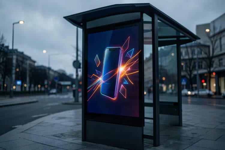 Um painel digital (DOOH) em um ponto de ônibus exibindo um anúncio animado de um smartphone, com gráficos dinâmicos e texto em movimento.