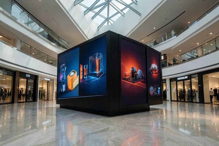 Um outdoor em formato de móbile gigante, com várias peças publicitárias de diferentes marcas penduradas, em um shopping center moderno.