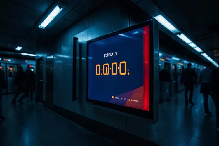 Um painel digital em uma estação de metrô exibindo um anúncio de serviço público interativo, com um contador de tempo regressivo para um evento.