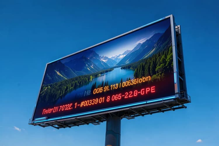 Um outdoor de grande formato em uma rodovia, promovendo um destino turístico com uma imagem paisagística deslumbrante e informações de contato.
