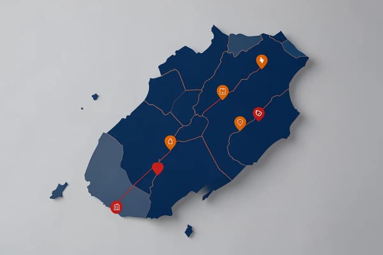 Um mapa estilizado do Rio de Janeiro destacando pontos estratégicos para mídia OOH, com ícones representando locais de grande circulação.