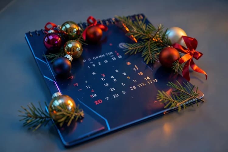 Close-up de um calendário marcando o mês de dezembro com enfeites de Natal ao redor