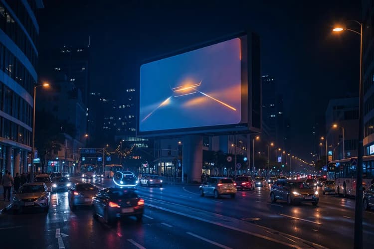 Um outdoor em uma rua movimentada com tráfego de carros e pedestres durante a noite, com iluminação festiva