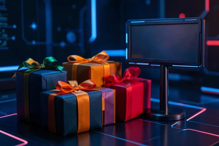 Um conjunto de presentes de Natal embrulhados com fitas coloridas e um pequeno outdoor em miniatura ao lado