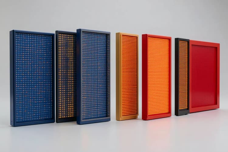 Diferentes tipos de painéis de LED, incluindo painéis internos e externos, lado a lado.