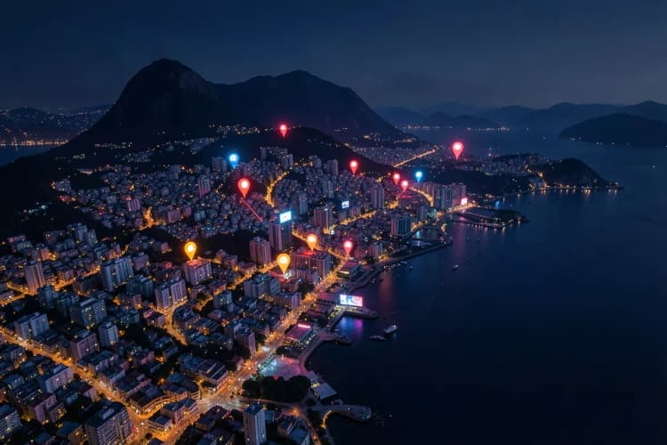 Mapa do Rio de Janeiro destacando locais com alta concentração de painéis de LED para anúncios.