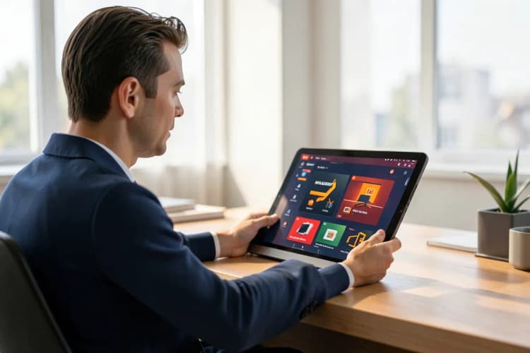 Pessoa escolhendo um painel de LED em um catálogo digital em um tablet, em um ambiente de escritório.