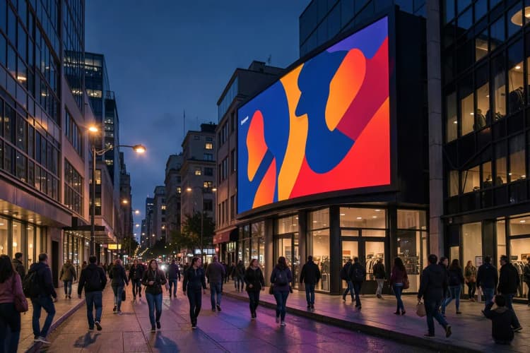 Multidão de pessoas passando em frente a um grande painel de LED externo exibindo um anúncio atraente.